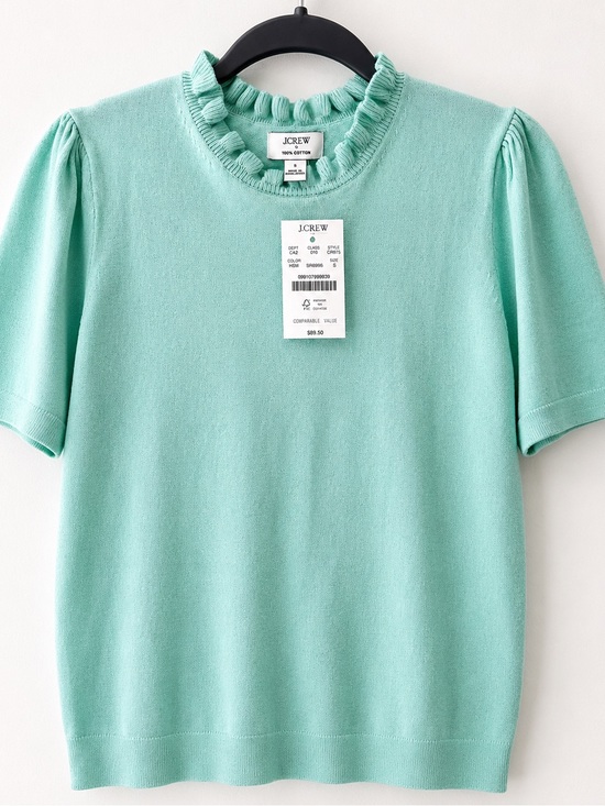 J. Crew Tops - J.Crew NWT Mint Green Ruffle Neck Puff Sleeve Sweater Top 100% Cotton Small